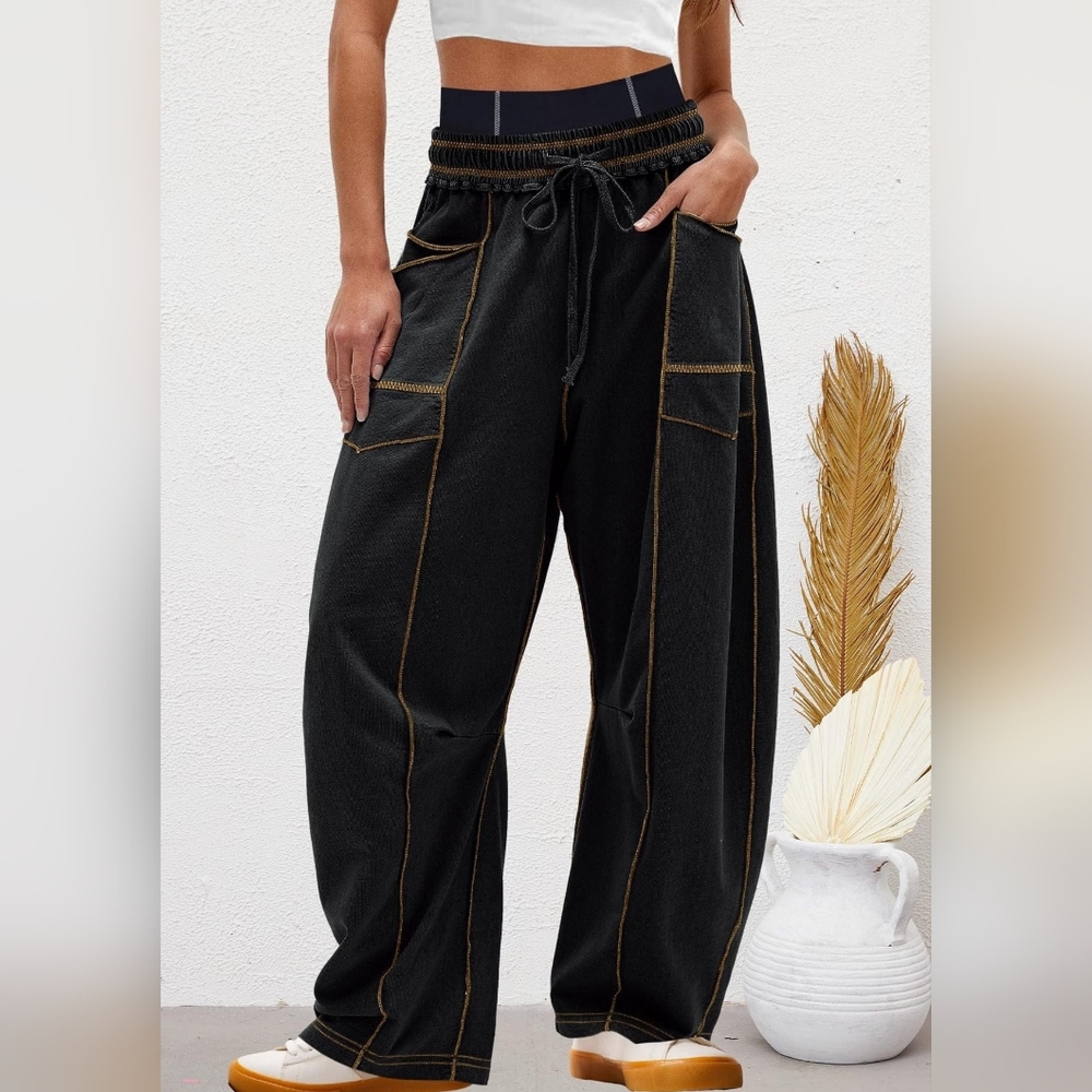 Fashion Boutique Contrast Stitch Barrel Wide Leg Utility Pants Pockets large